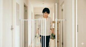 賃貸マンションの廊下に設置された、壁を傷つけない突っ張り式ハイタイプ猫脱走防止ゲート（扉付き、オートクローズ機能内蔵）。両手に買い物カゴを持ち、生活ストレスなく扉を歩いて通過する日本人女性と、リビング側で見守る猫。