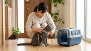 明るい日本の家庭の玄関で、日本人女性が猫用のベスト型ハーネスを装着した愛猫を抱き寄せている。傍らには開いたキャリーバッグと、これから装着する迷子札付きの首輪が置かれている。外出前の万全な準備を象徴する画像。