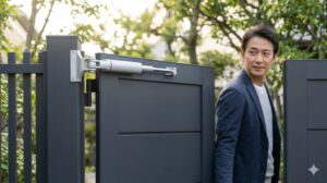門扉の閉め忘れを防ぐため、自動閉鎖金具（オートクローザー）が取り付けられた様子。