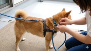 明るいパティオで、日本人女性が中型の柴犬に首輪とハーネスの両方を装着し、それぞれのリードを慎重に取り付けている。ダブルリードの正しい手順を示している。