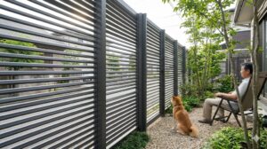外部からの視覚的刺激を遮断し、犬を落ち着かせるルーバータイプの目隠しフェンス。