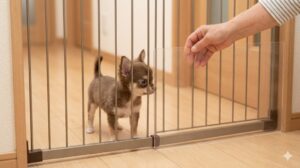 設置したペットゲートの隙間（約4cm）をすり抜けそうなチワワの子犬。飼い主の手が透明アクリル板を取り付けて対策している。