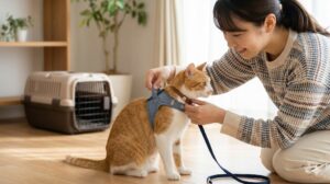 明るい日本の家庭で、日本人女性が猫用のベスト型ハーネスを装着した愛猫を抱き寄せている。傍らには開いたキャリーバッグと、これから装着する迷子札付きの首輪が置かれている。外出前の万全な準備を象徴する画像。