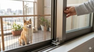 日本人女性の手が賃貸住宅の窓を少し開き、サッシ用補助錠で固定している様子。網戸の向こうのベランダには柴犬がゲートの中で安全に座っており、脱走防止対策が施された快適な環境を示している。