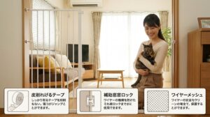 飼い主のアジア人女性、抱かれている猫、手に持った窓用補助錠、そして背景の窓に設置された対策（ワイヤーネットと結束バンド）は以前と変わりなく、すべての対策が正しく組み合わされている様子を伝えています。