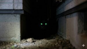 建物の床下や茂みの奥など、暗く狭い場所で懐中電灯の光を反射して光る、猫の目