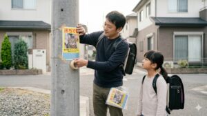 静かな日本の住宅街の電柱に、日本人男性が手作りの迷子猫捜索チラシをテープで貼っています。隣では同じ特徴を持つ小学生の女の子が心配そうに見つめています。