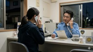 自宅でスマートフォンを使い、警察署や保健所に迷子猫の届出について連絡を入れる日本人女性