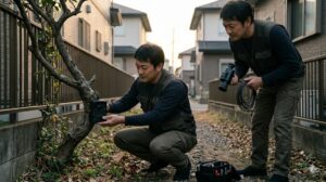 静かな日本の住宅街の夕暮れ、二人の日本人男性（プロのペット探偵）が、茂みの奥にある低い木の枝に、赤外線センサー付きのプロ仕様のトレイルカメラを設置しています。