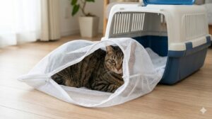 室内で、ファスナーを閉じた大きな洗濯ネットに完全に入った猫が、ハードキャリーの中に収まっている様子。キャリーからのすり抜けを防ぐ二重ロック対策。