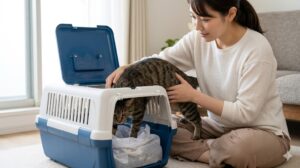 丈夫なプラスチック製で、上部のハッチが大きく開いたハードタイプの猫用キャリーバッグ。頑丈さと、診察時に上から猫を出し入れできる利便性を示す。