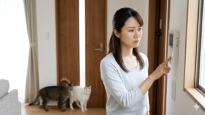 インターホンに出る前に、リビングのドアを閉めて猫の脱走を防ぐ日本の飼い主女性の様子。