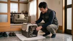 静かな日本の住宅街の玄関内、日本人男性が屈みながら、手に持った丈夫なキャリーケースのメッシュドアを丁寧に閉めています。中には、落ち着いた様子のキジトラ猫が収まっており、男性の表情は安堵と満足に満ちています。