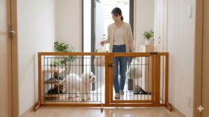 賃貸住宅の広い玄関に置くだけで設置できる、扉付き自立式ペットゲート。買い物帰りの日本人女性がスムーズに扉を開けて通っている。