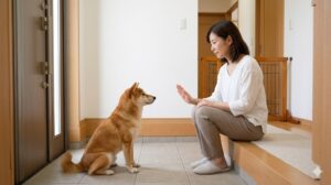 玄関での脱走防止しつけ。日本人女性の飼い主が、座って待機する柴犬に「マテ」の合図を送り、犬が自律的に踏みとどまっている様子。