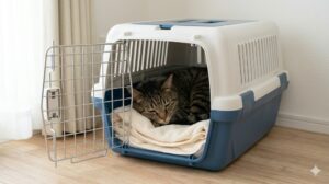 室内で、普段から扉を開放して置かれたハードキャリー。中にお気に入りの毛布が敷かれ、猫がリラックスして自ら入ってくつろいでいる様子。