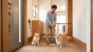 玄関での多頭飼いの犬の飛び出し防止策。日本人男性の飼い主が、1匹の柴犬を壁に設置した係留フックに繋ぎ、もう1匹の準備をしている。