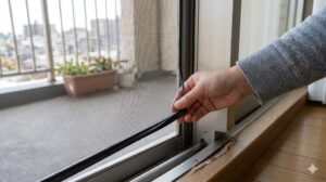 日本人女性の手が網戸の網押さえゴムを指で軽く押して、緩みを確認している。ゴムが劣化して網が外れやすくなっている箇所を見つけている様子。