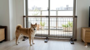 賃貸マンションの窓枠に設置された、壁を傷つけない据え置き式のペットゲート。Shiba Inuがゲートの手前で静かに座っている。