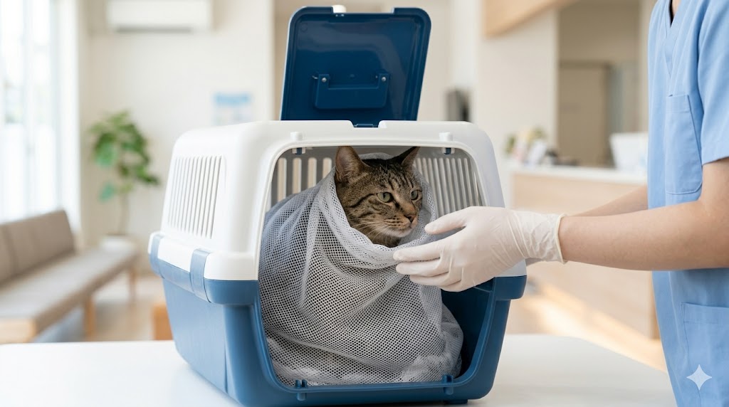 キャリーからの猫の脱走防止！キャリーと洗濯ネットの二重ロック