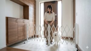 広い日本家屋の玄関に設置された伸縮式（アコーディオン）ペットゲート。日本人女性の飼い主が最大幅まで伸ばして隙間を塞いでいる。