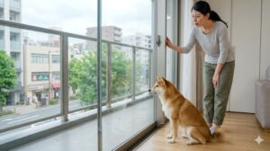 - 室内から窓の外を心配そうに眺める柴犬と飼い主の日本人女性。犬の脱走リスクを感じさせるシーン。