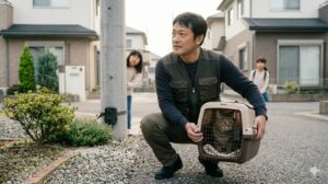 静かな日本の住宅街の早朝、以前の画像（image_2.pngなど）に登場した日本人男性が、屈みながらキャリーケースを手に持ち、真剣な表情で周囲を捜索しています。キャリーケースの中には、安心した様子のキジトラ猫が収まっており、男性の表情は安堵と決意に満ちています。背景には、朝の柔らかな光を浴びた家並みと、電柱、茂みが広がり、遠くから子供たちが心配そうに見守っている様子も含まれ、希望と慎重さを感じさせる構図です。文字やロゴは含まれていません。