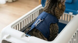 室内でハーネスを着用した猫の背中側。キャリーバッグ内部の飛び出し防止リードの金具が、ハーネスのリングにしっかりと連結されている。
