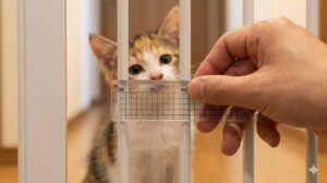 猫脱走防止ゲートの縦柵の隙間幅を定規で計測している手元の様子。隙間は3.5cm以下で、子猫でもすり抜けることができない
