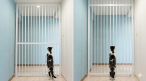 賃貸マンションの玄関に設置された、天井まで届く白い金属製のハイタイプ猫脱走防止ゲート。三毛猫が柵の手前に座り、飛び越えられない