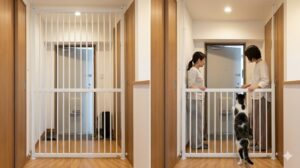 玄関ドアの奥にあるリビングへ続く廊下に、白い金属製の猫脱走防止ゲートが設置されている。ゲートは閉まっており、奥のリビングドアも閉まっている