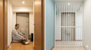 日本の賃貸マンションで、元飼い主まもる（ late 60s）が、安全に閉まったゲートとリビングドアの奥で、静かに三毛猫（ calico）の隣に座っている。ゲート、リビングドア、そしてメインの玄関ドアがすべて閉まっている二重・三重の備え。温かい光が差し込み、猫の脱走を完全に防いでいる安心感