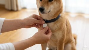 災害時の迷子対策として柴犬の首輪に迷子札を装着する日本人女性の手元