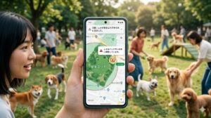 o スマートフォンの地図画面上に設定された「安全エリア」の円から、犬（ゴールデンレトリバー）のアイコンが外に出た瞬間に通知が表示されるイメージ。背景は賑わうドッグラン。