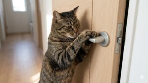 レバーハンドル式ドアに前足をかけて開けようとしている猫のアップ