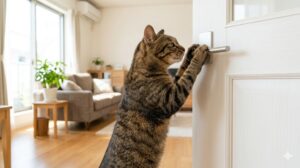 o レバーハンドルに前足をかけてドアを開けようとしているキジトラ猫