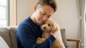 帰巣本能を正しく理解し、万全な対策をした上で愛犬（トイプードル）を優しく抱きしめる日本人男性