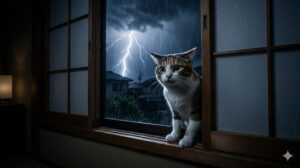 雷雨の夜に開いた窓から外へ飛び出そうとする猫――花火・雷による猫の脱走リスクのイメージ