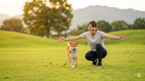開けた広い公園の草地で、日本人女性が「おいで」と呼び戻しの訓練をし、笑顔で戻ってくる愛犬を迎え入れる、信頼関係を示す場面。
