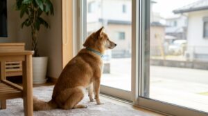 窓辺に座り、外の世界を眺める室内飼いの犬（柴犬）。外の環境（地理や匂い）に触れる機会が少ない様子