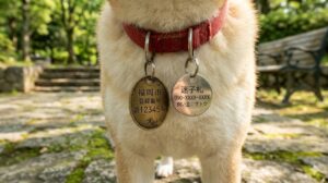 o 犬の首輪につけられた、自治体交付の金属製の鑑札と、飼い主の連絡先が刻印された迷子札のアップ。
