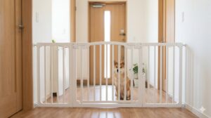 迷子対策の重要性を象徴するイメージ。脱走防止フェンスが設置された日本の住宅の玄関と、その前で安全に座る犬