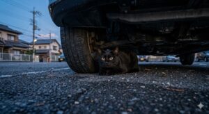 車の下に隠れる黒猫｜パニック状態の猫が潜む場所