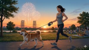 花火開始前の夕暮れに犬と長めの散歩をする日本人女性――花火・雷前の疲れさせる運動対策のイメージ