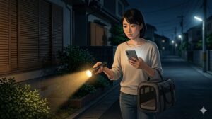 キャリーケースと懐中電灯を持って夜の住宅街で迷子猫を探す日本人女性――脱走後の冷静な捜索対応のイメージ