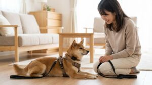 リビングで、日本人女性の飼い主「まもる」の隣で、ダブルリードとGPSを装着し、安心した表情でくつろぐ柴犬。脱走防止の備えが万全な状態。