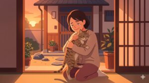 長い間探し続けていた愛猫と再会した瞬間の感動的なイラスト