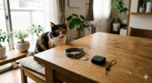 テーブルに並ぶ猫用の首輪・迷子札・GPSトラッカーと三毛猫｜迷子対策の身元確認グッズ