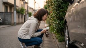 夕暮れの日本の住宅街で、小型犬を探して車の下や植え込みを丁寧に確認する日本人女性。