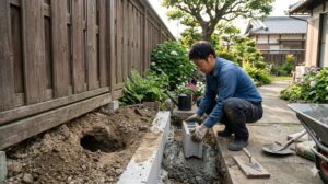 o 庭の木のフェンスの下に、犬が掘った穴がある。その横で、飼い主がフェンスの基礎をコンクリートで補強している様子。